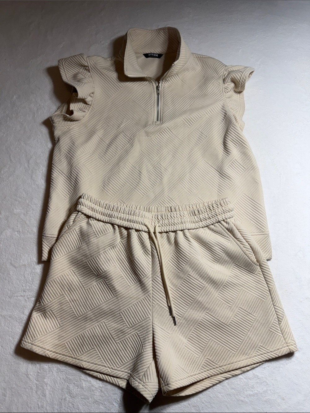 Cream Textured Drawstring Track Shorts & Sleeveless Zip Top Set